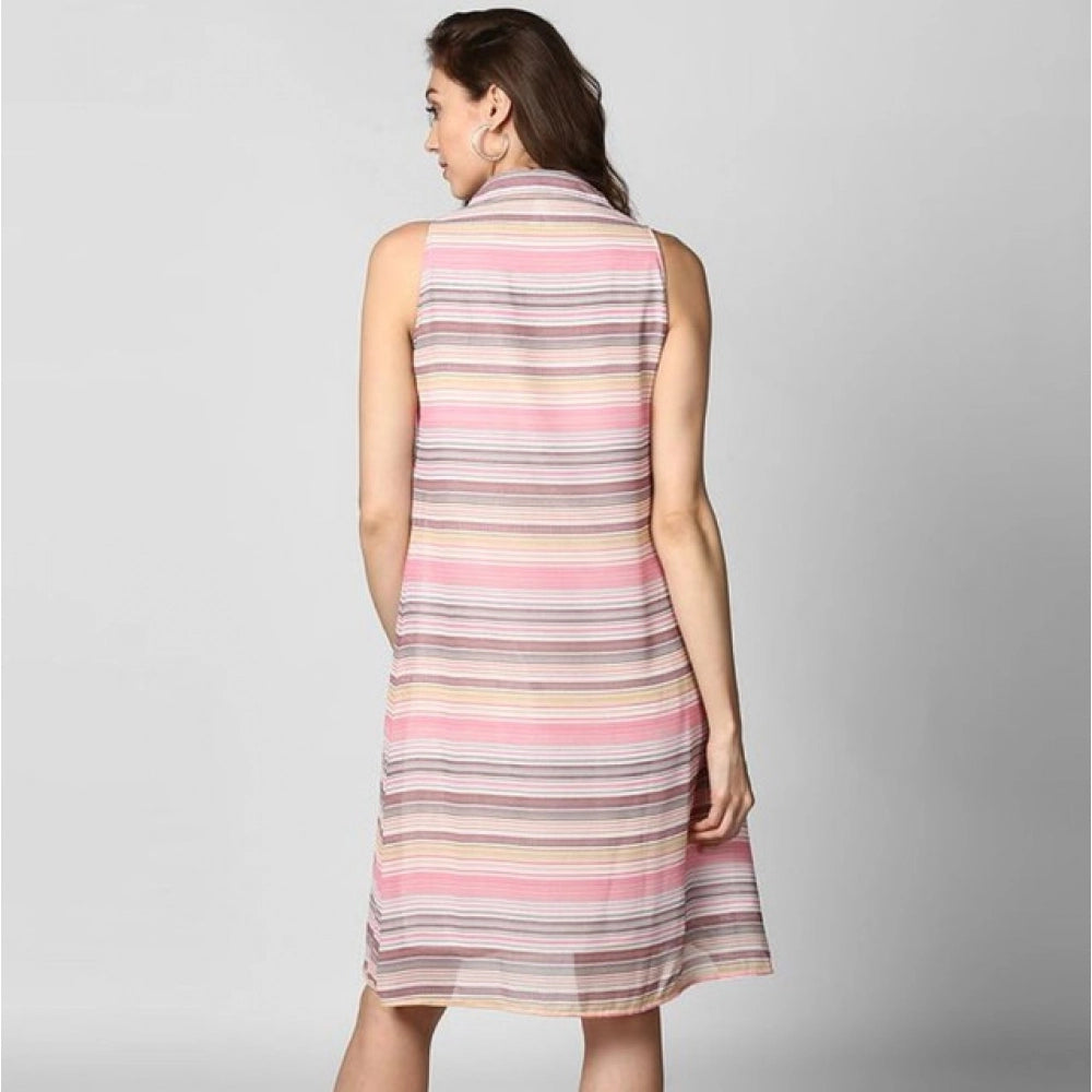 Amfyn Women's Polyester Striped Sleeveless Dress (Pink)