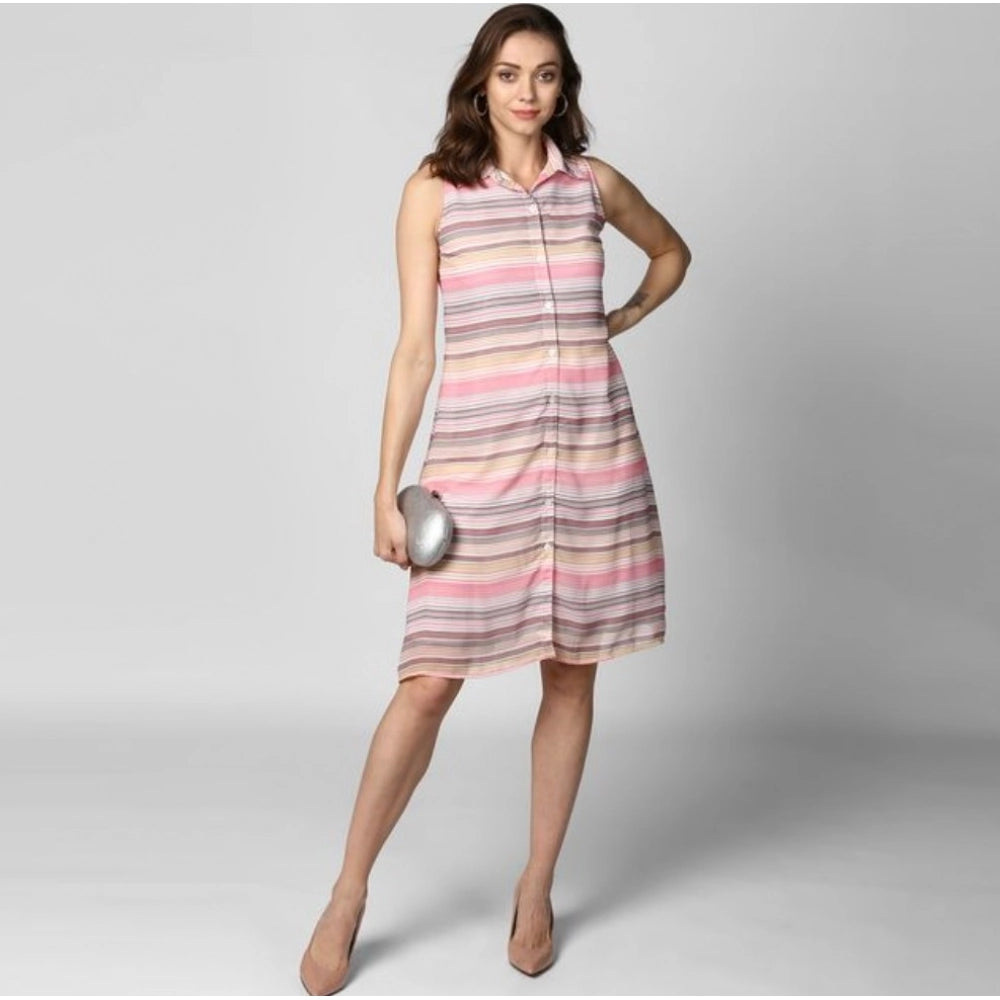 Amfyn Women's Polyester Striped Sleeveless Dress (Pink)