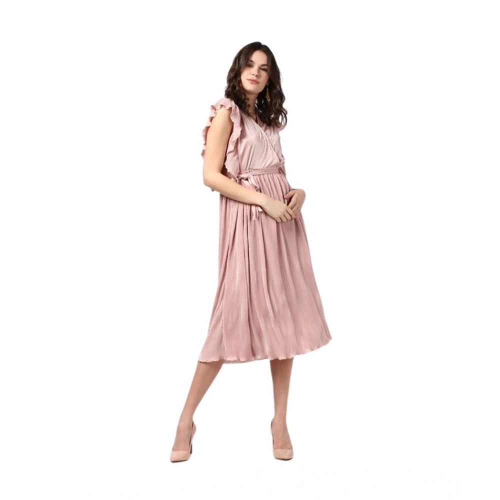 Amfyn Women's Polyester Pleated Flutter Dress (Champagne Gold)