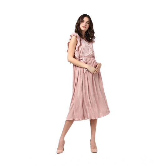 Amfyn Women's Polyester Pleated Flutter Dress (Champagne Gold)