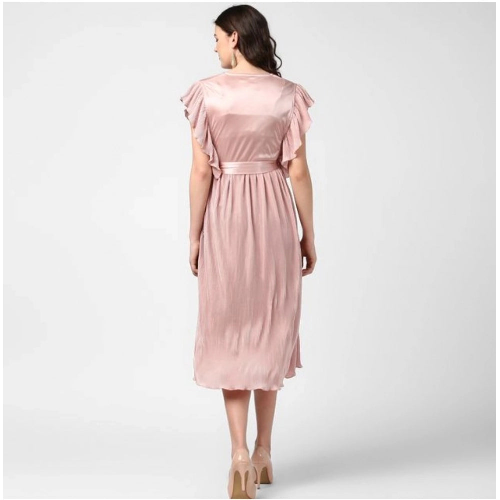 Amfyn Women's Polyester Pleated Flutter Dress (Champagne Gold)