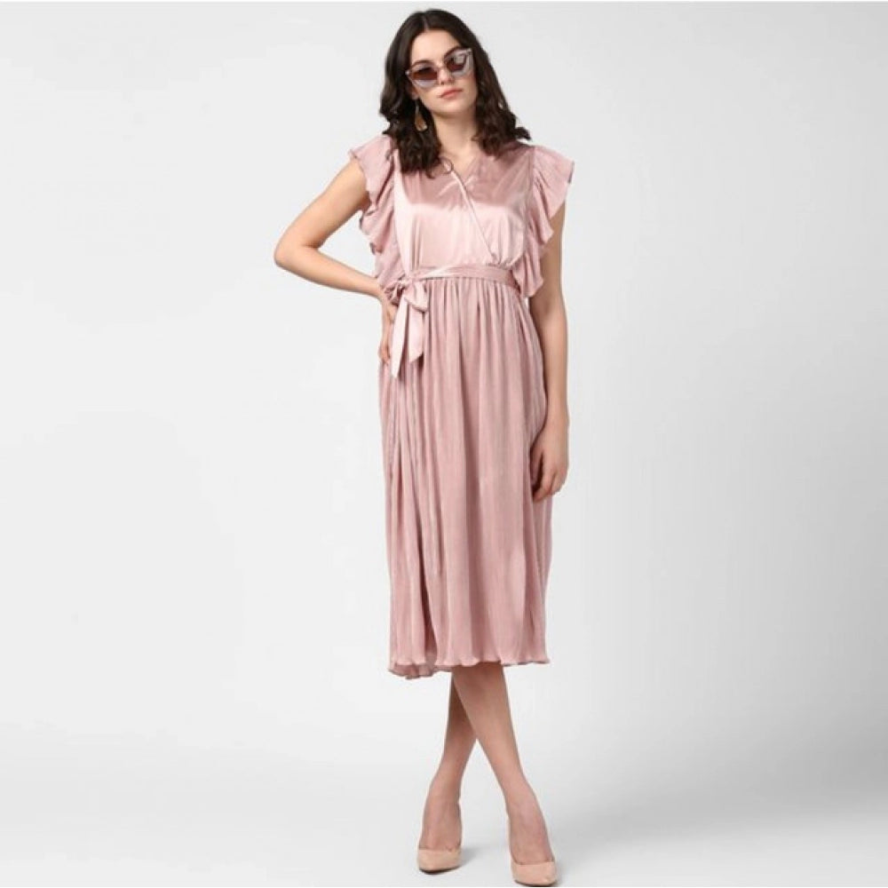 Amfyn Women's Polyester Pleated Flutter Dress (Champagne Gold)