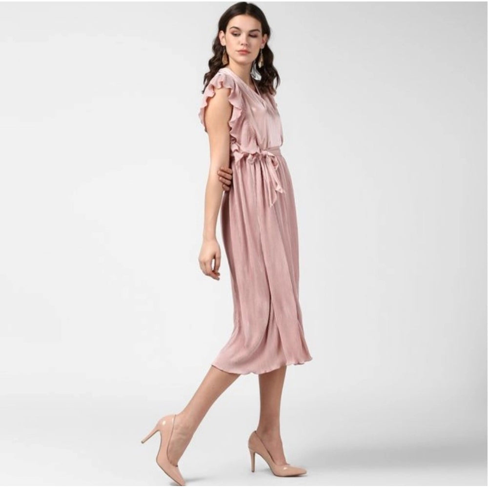 Amfyn Women's Polyester Pleated Flutter Dress (Champagne Gold)