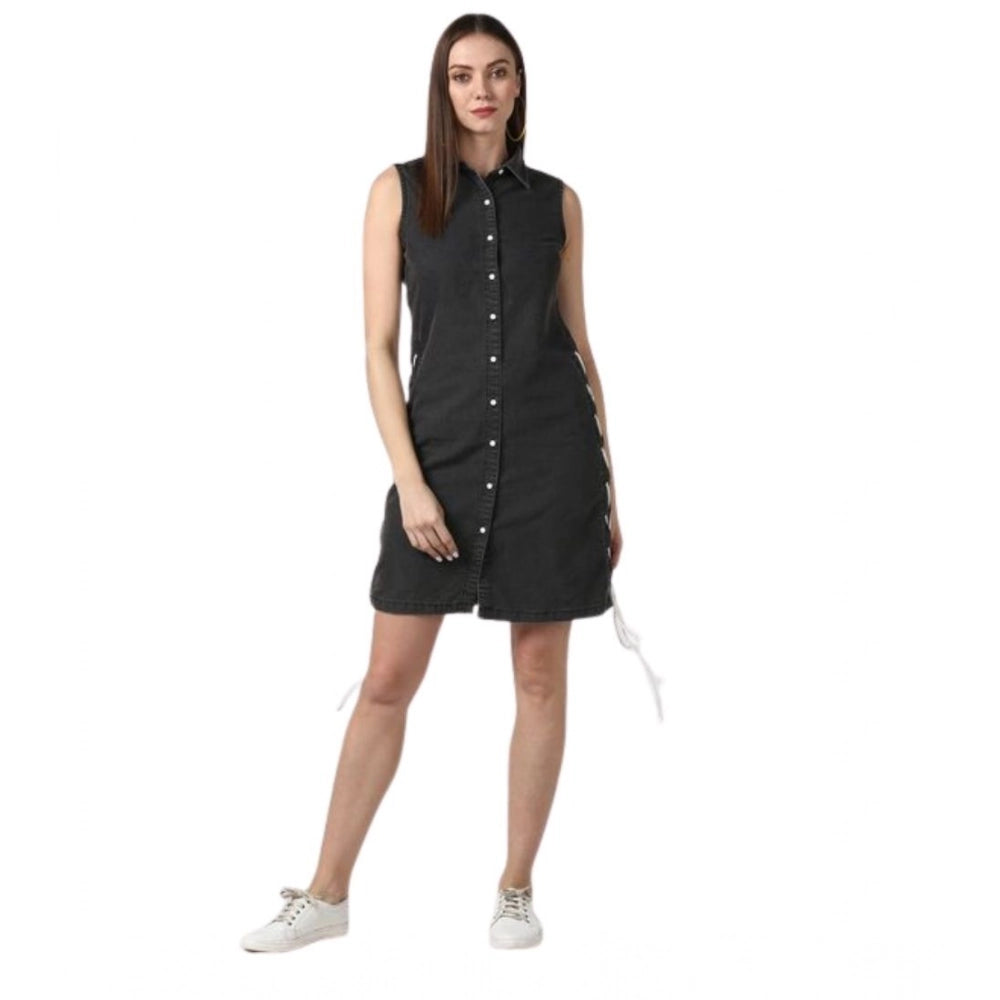 Amfyn Women's Denim Solid Sleeveless Dress (Black)
