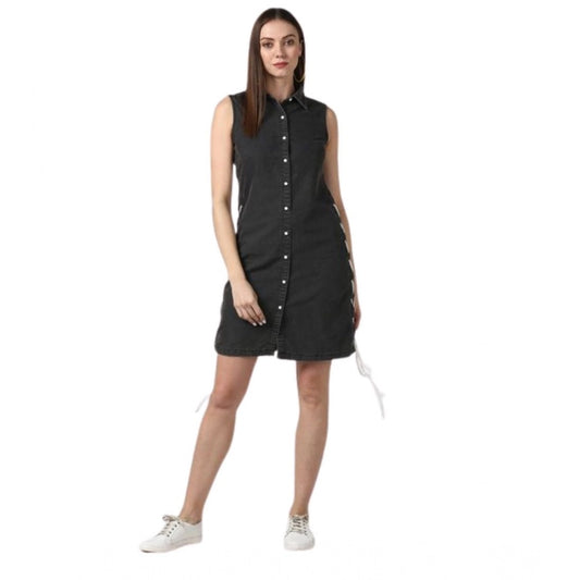 Amfyn Women's Denim Solid Sleeveless Dress (Black)