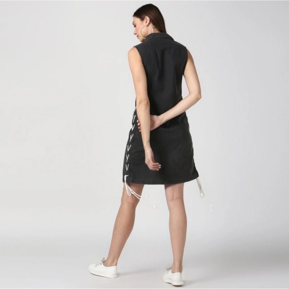 Amfyn Women's Denim Solid Sleeveless Dress (Black)