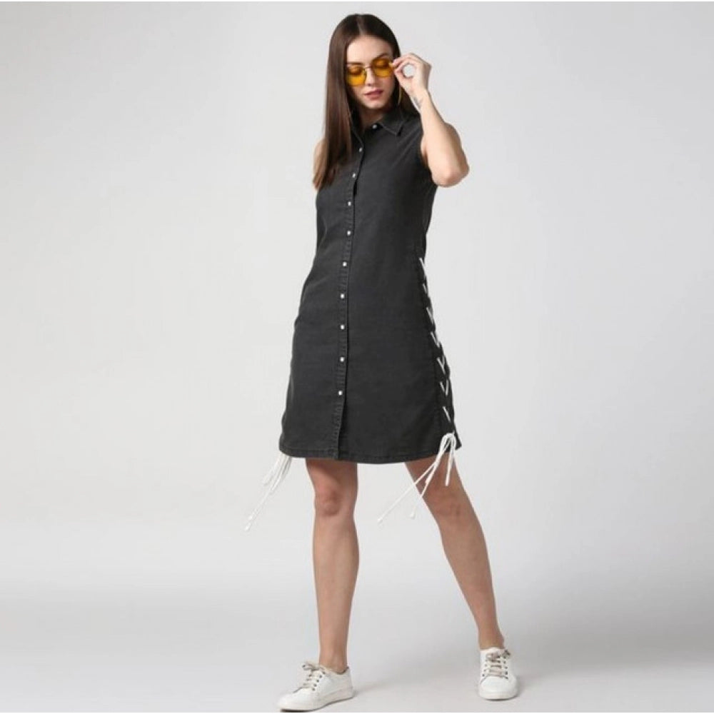 Amfyn Women's Denim Solid Sleeveless Dress (Black)