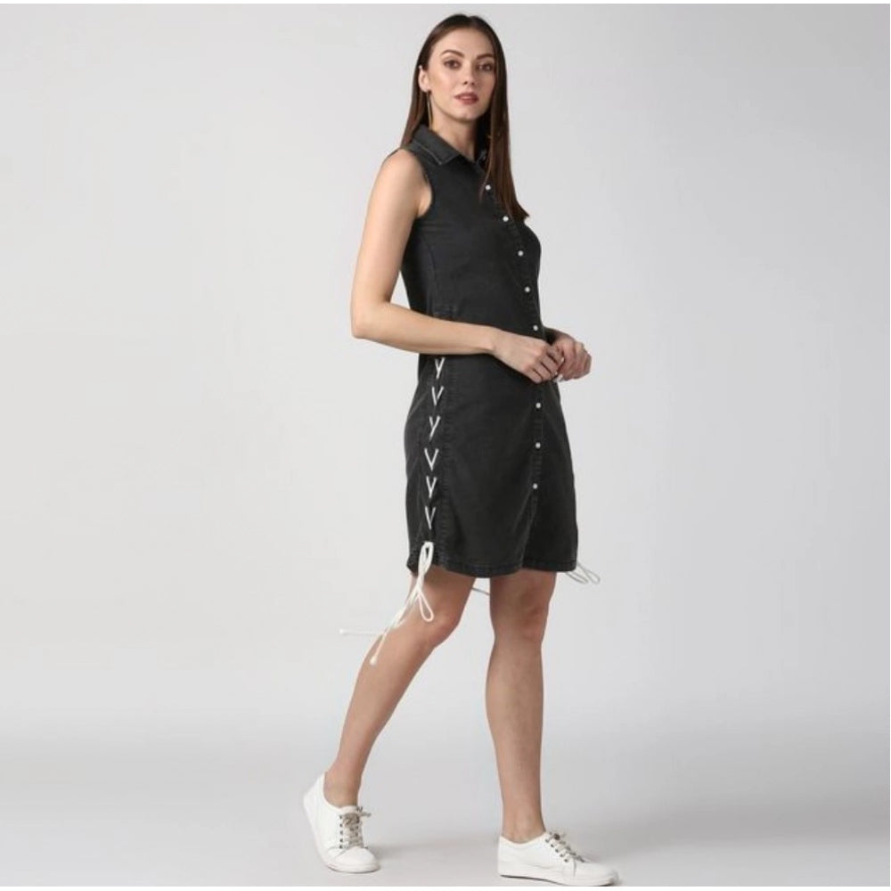 Amfyn Women's Denim Solid Sleeveless Dress (Black)