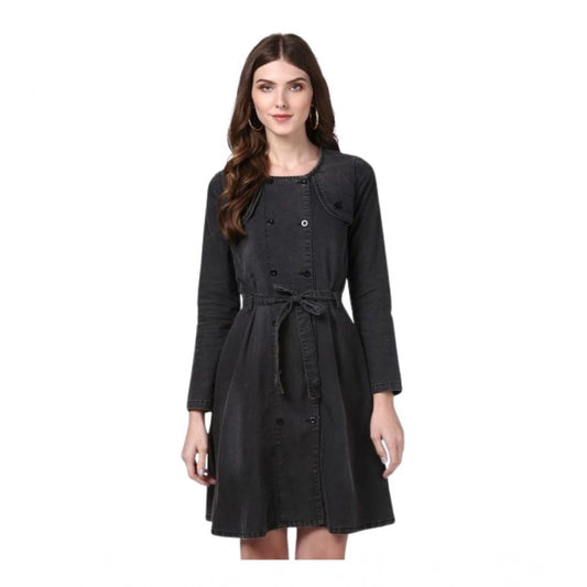 Amfyn Women's Denim Washed Long Sleeves Dress (Black)
