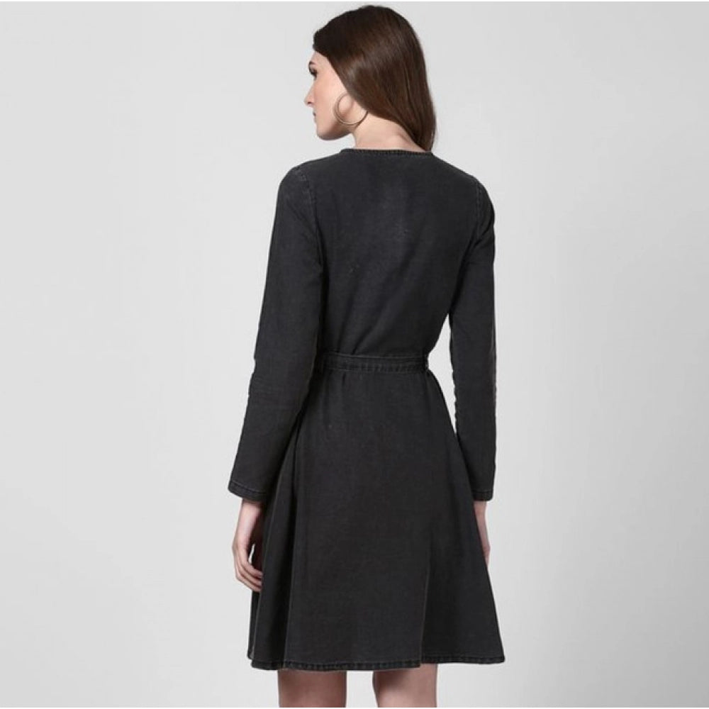 Amfyn Women's Denim Washed Long Sleeves Dress (Black)