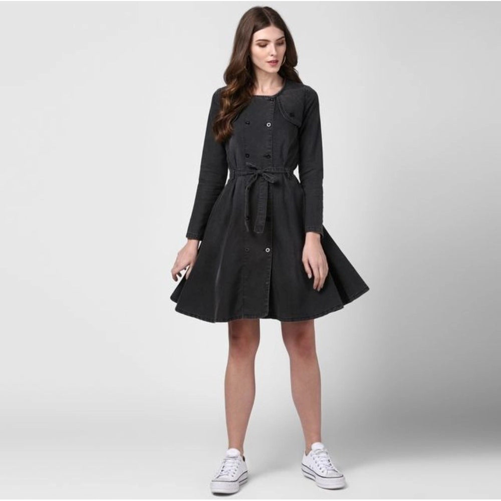 Amfyn Women's Denim Washed Long Sleeves Dress (Black)