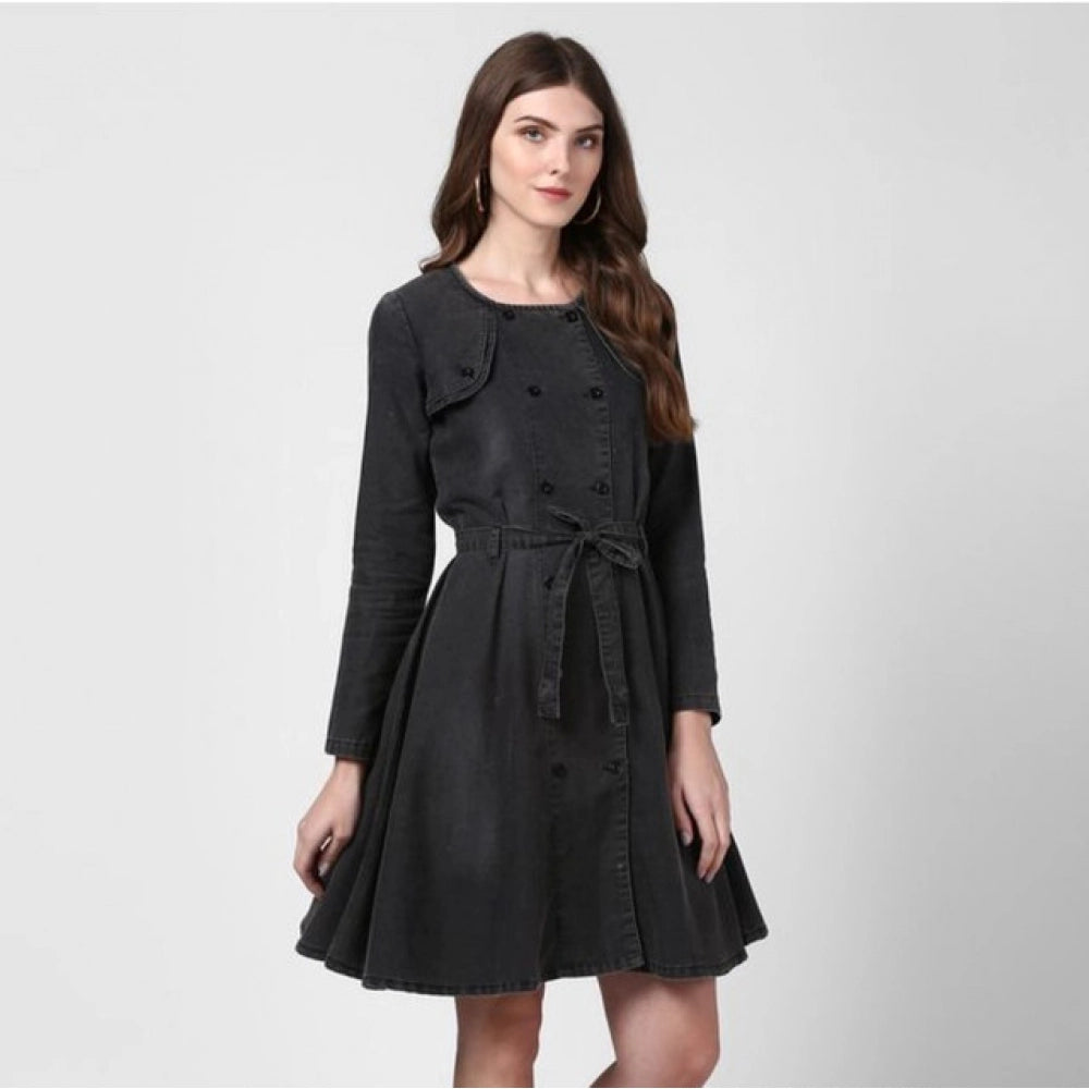 Amfyn Women's Denim Washed Long Sleeves Dress (Black)