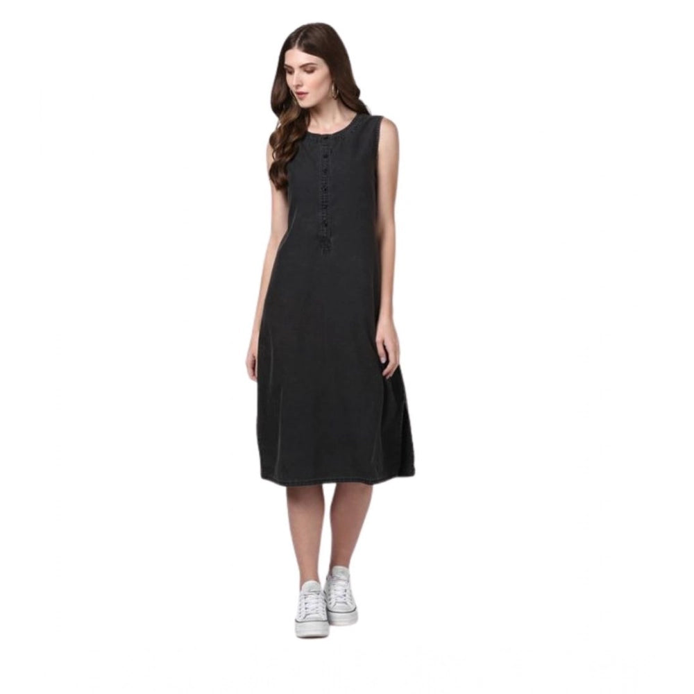 Amfyn Women's Denim Solid Sleeveless Dress (Black)