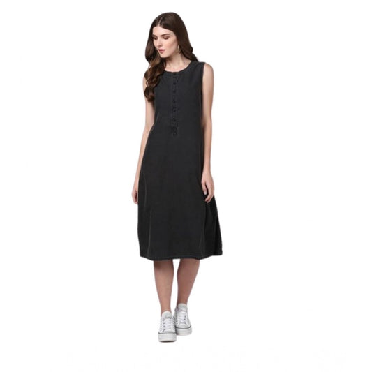 Amfyn Women's Denim Solid Sleeveless Dress (Black)