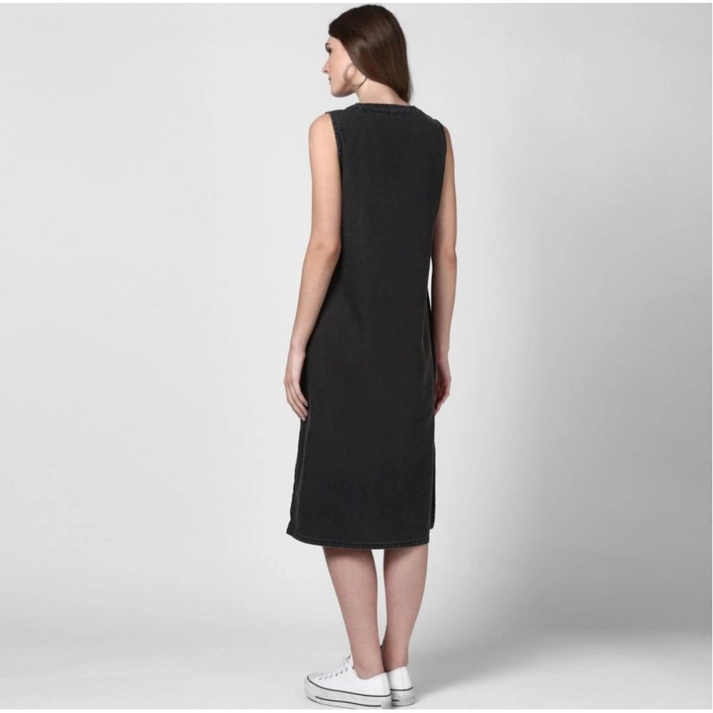 Amfyn Women's Denim Solid Sleeveless Dress (Black)