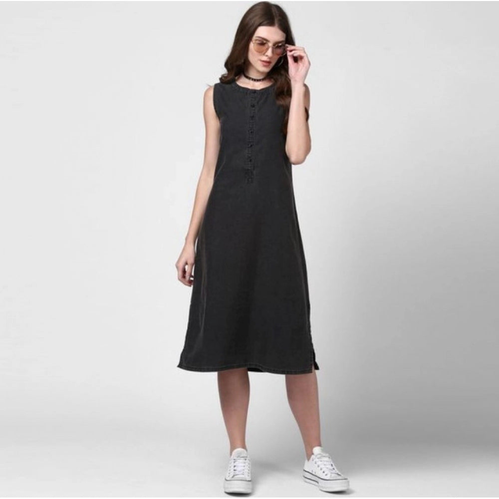 Amfyn Women's Denim Solid Sleeveless Dress (Black)