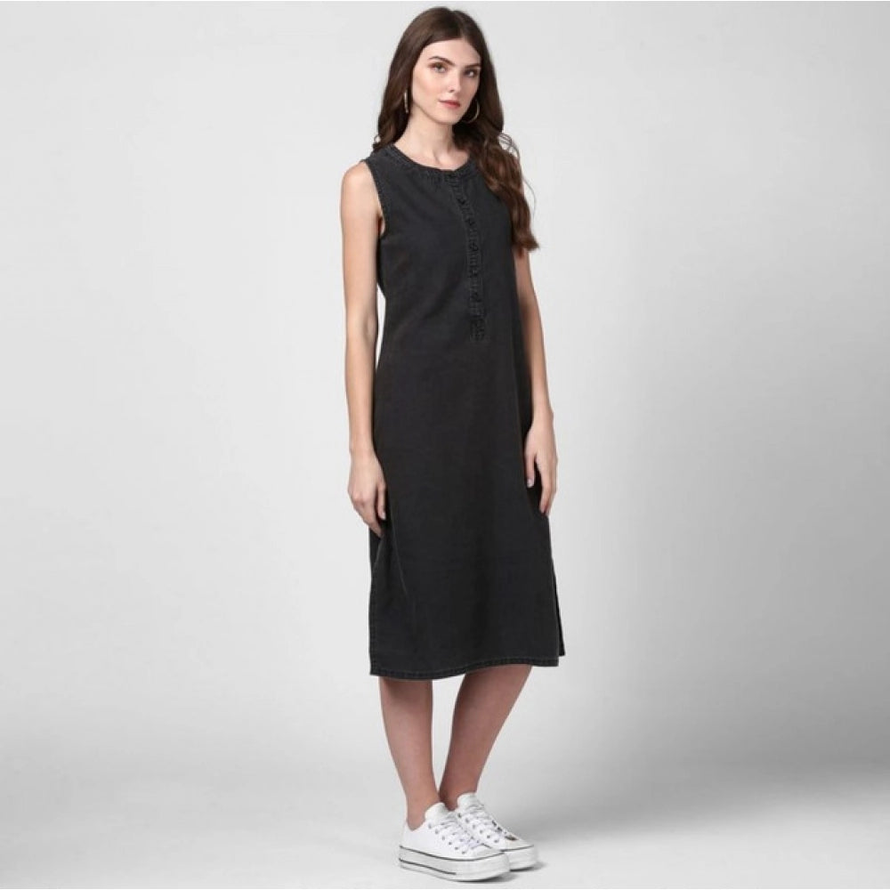Amfyn Women's Denim Solid Sleeveless Dress (Black)