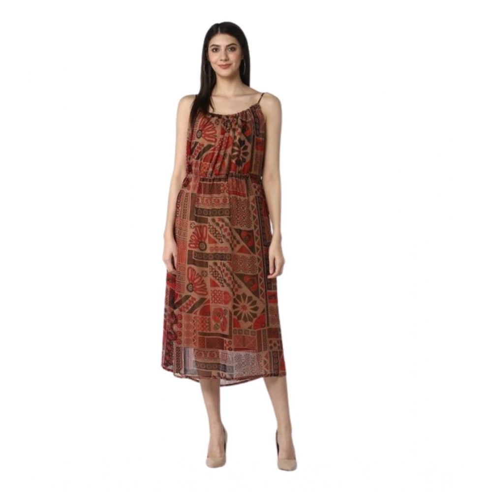 Amfyn Women's Polyester Printed Shoulder Straps Dress (Maroon - Brown)