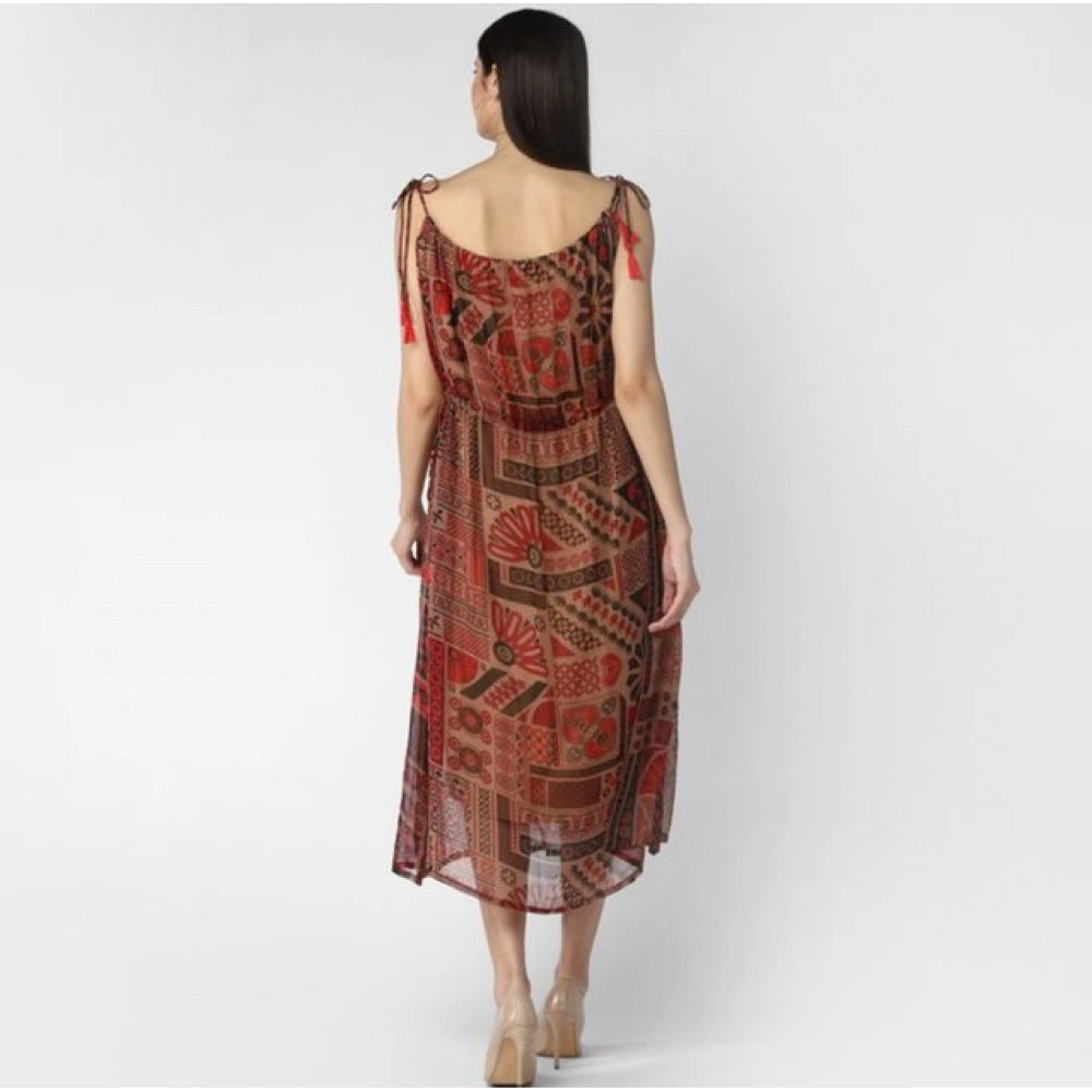 Amfyn Women's Polyester Printed Shoulder Straps Dress (Maroon - Brown)