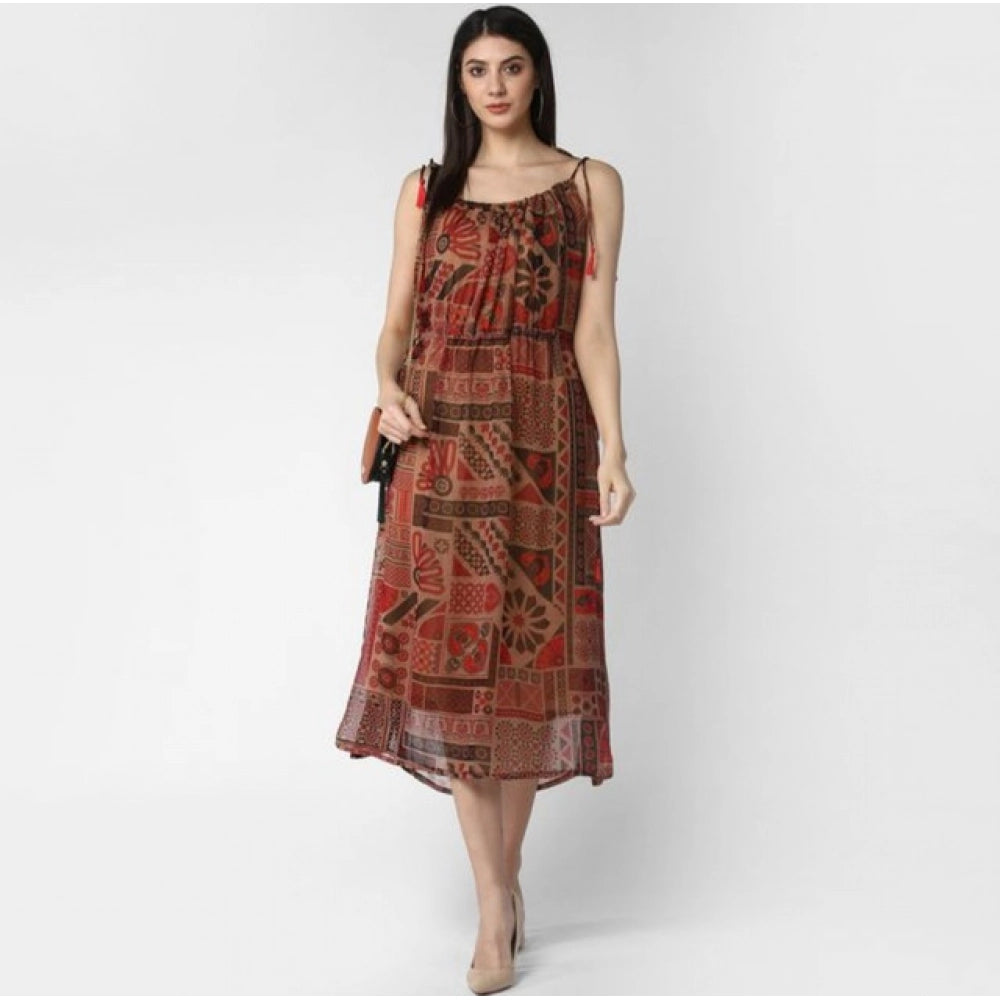 Amfyn Women's Polyester Printed Shoulder Straps Dress (Maroon - Brown)
