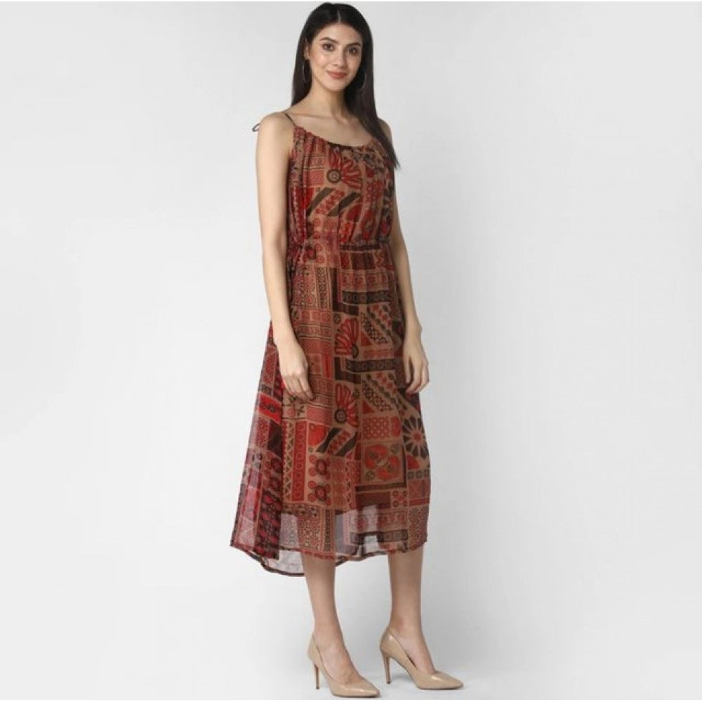 Amfyn Women's Polyester Printed Shoulder Straps Dress (Maroon - Brown)