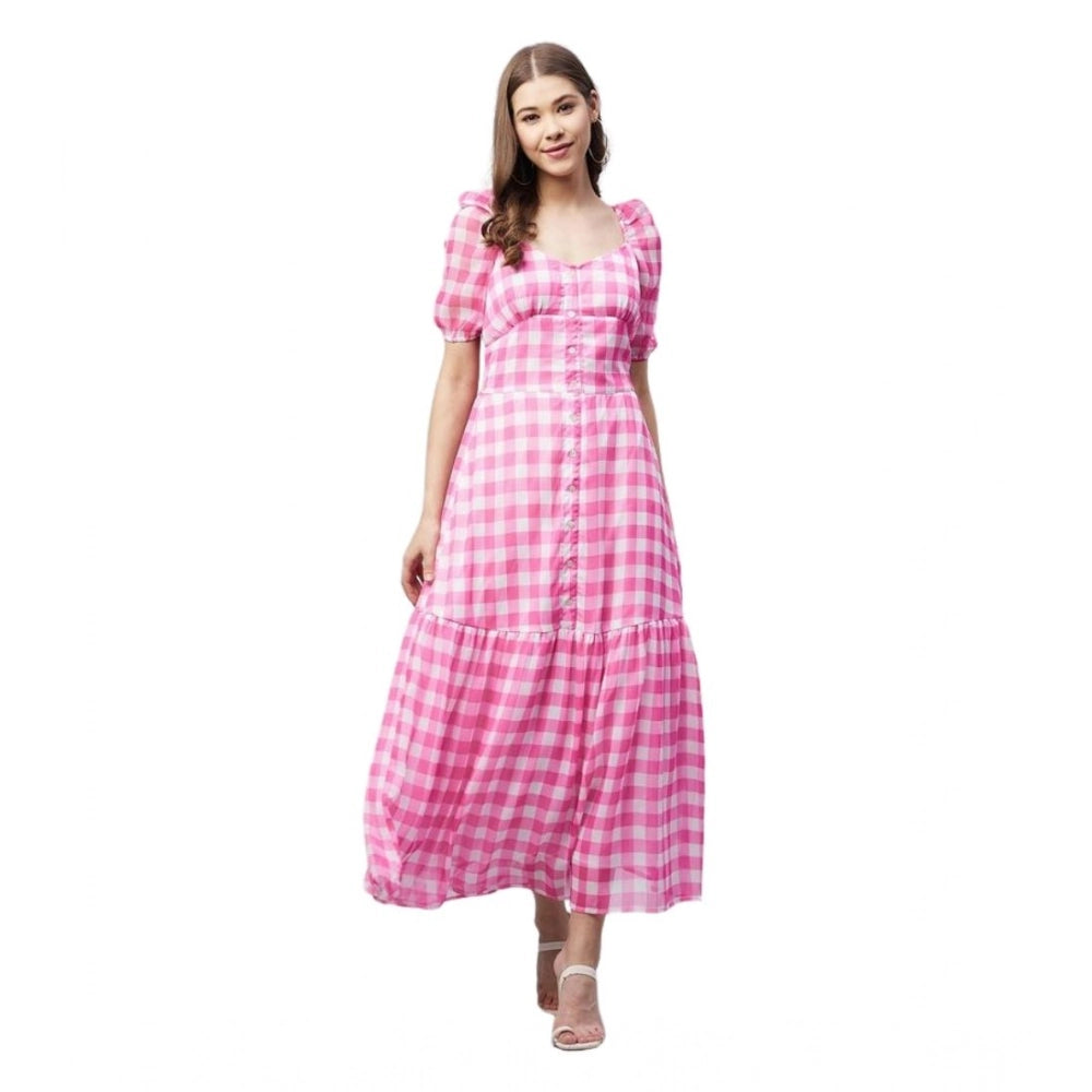 Amfyn Women's Polyester Georgette Checkered Half Sleeve Dress (Pink)