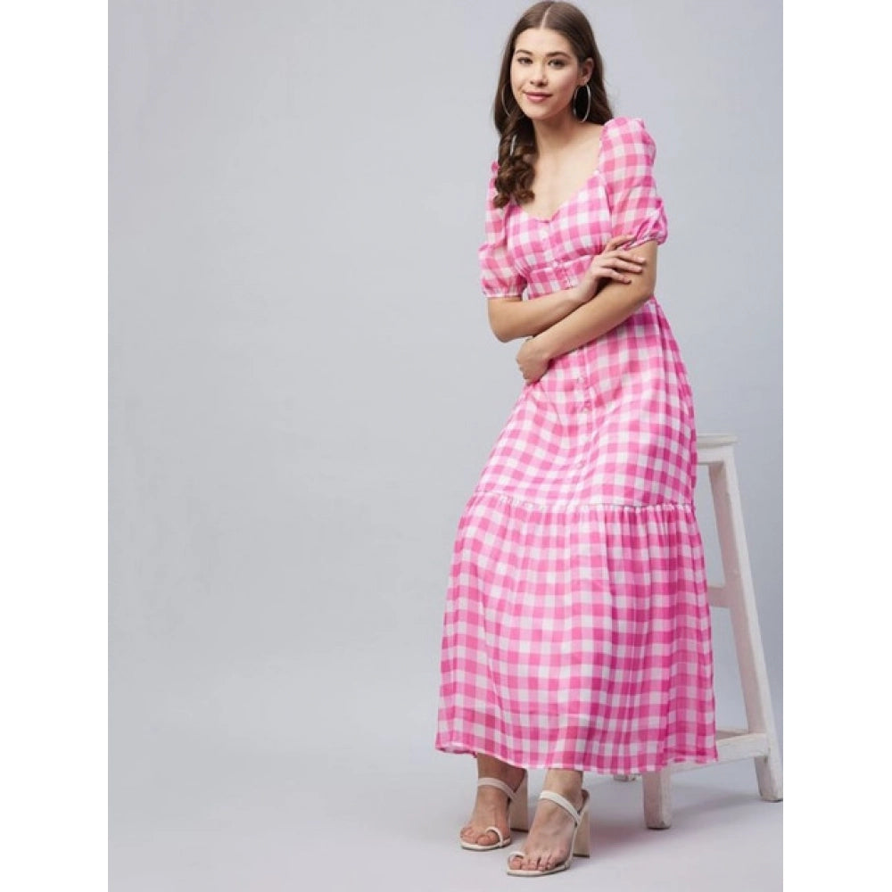 Amfyn Women's Polyester Georgette Checkered Half Sleeve Dress (Pink)
