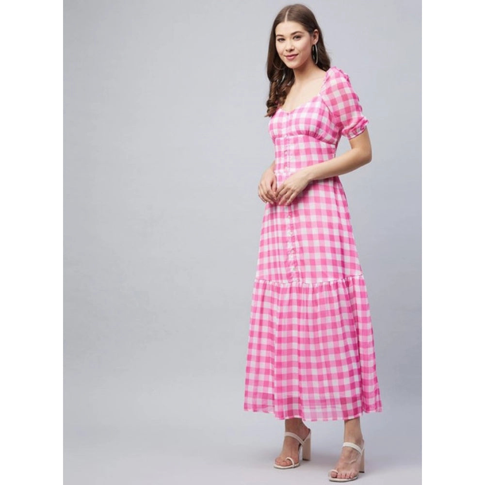 Amfyn Women's Polyester Georgette Checkered Half Sleeve Dress (Pink)