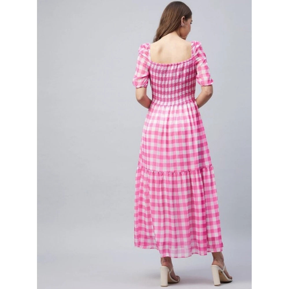Amfyn Women's Polyester Georgette Checkered Half Sleeve Dress (Pink)