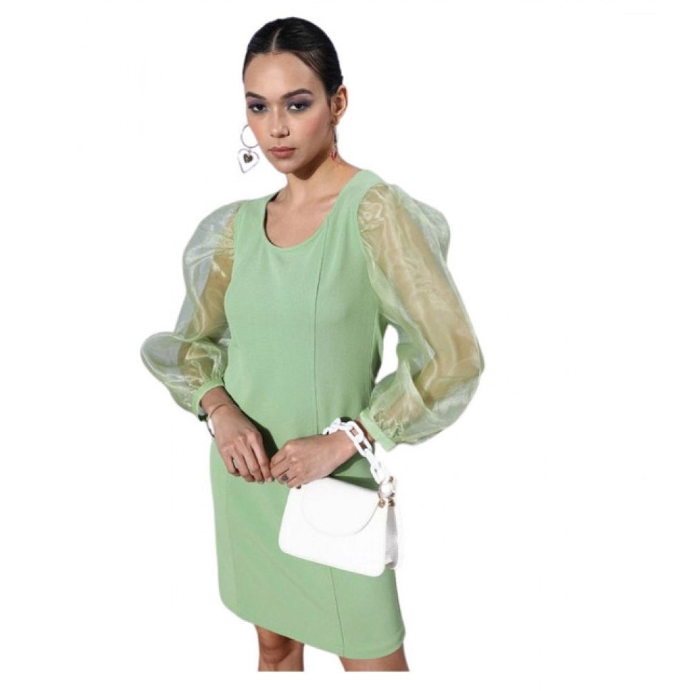 Amfyn Women's Organza And Polyester Lycra Solid Long Sleeves Dress (Green)