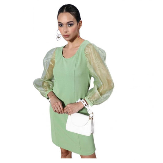 Amfyn Women's Organza And Polyester Lycra Solid Long Sleeves Dress (Green)