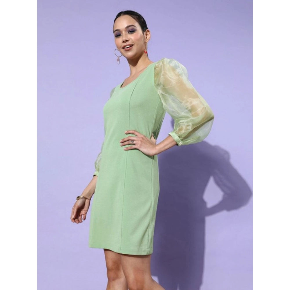 Amfyn Women's Organza And Polyester Lycra Solid Long Sleeves Dress (Green)