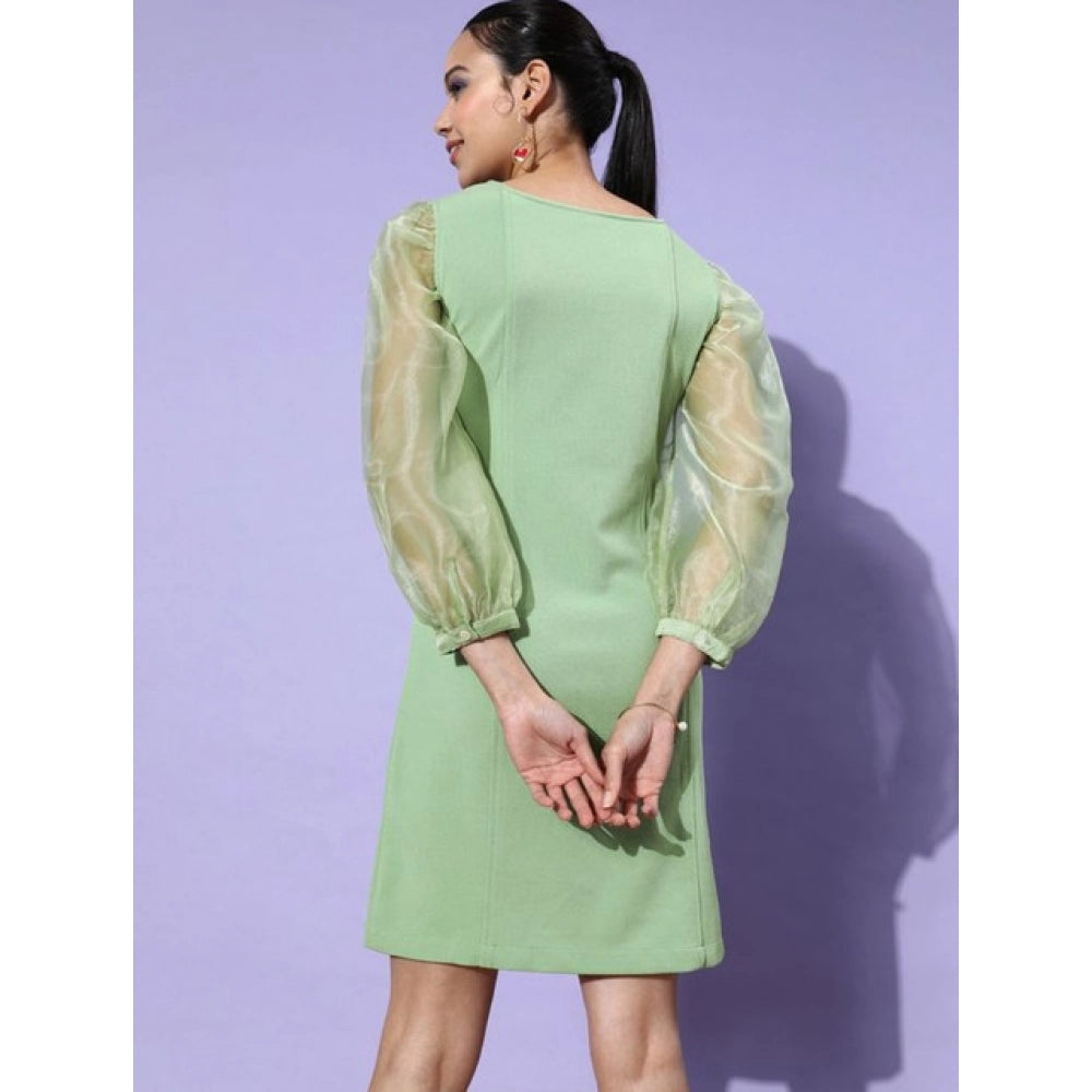 Amfyn Women's Organza And Polyester Lycra Solid Long Sleeves Dress (Green)