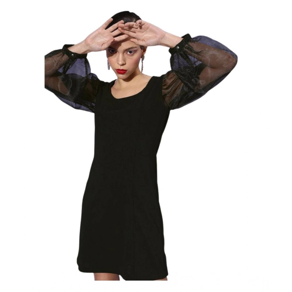 Amfyn Women's Organza And Polyester Lycra Solid Long Sleeves Dress (Black)
