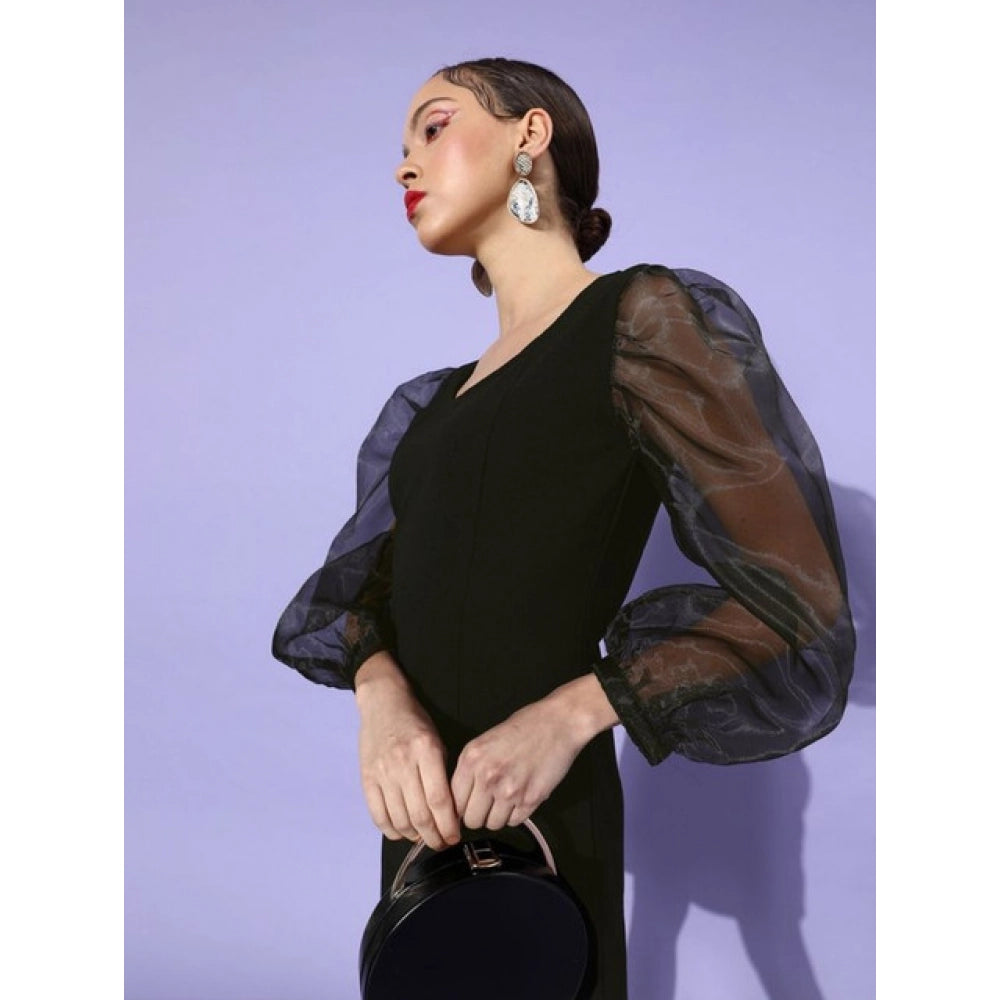 Amfyn Women's Organza And Polyester Lycra Solid Long Sleeves Dress (Black)