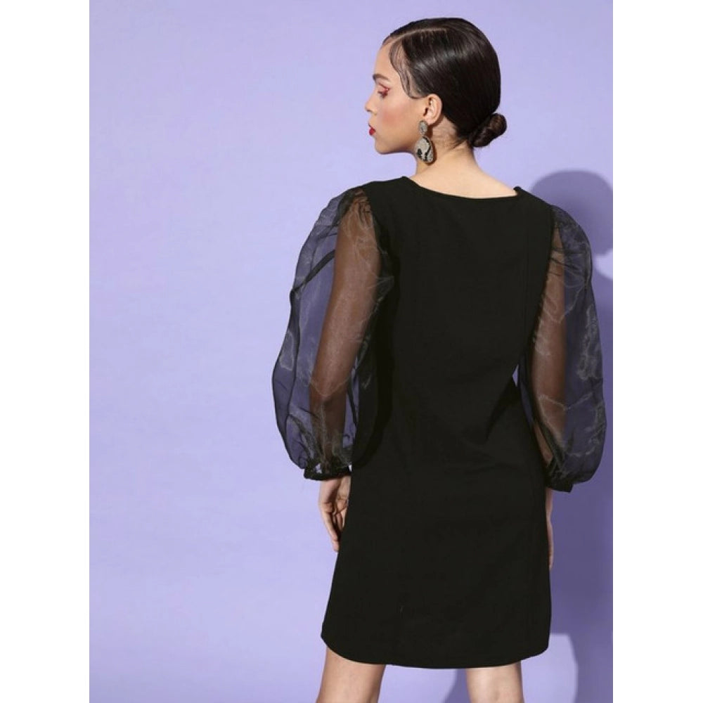 Amfyn Women's Organza And Polyester Lycra Solid Long Sleeves Dress (Black)