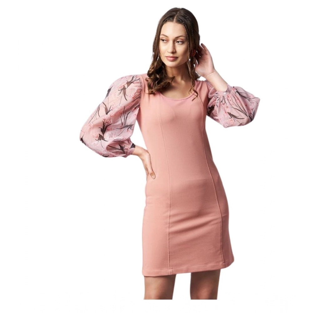 Amfyn Women's Polyester Lycra And Organza Floral Balloon Sleeve Dress (Pink)