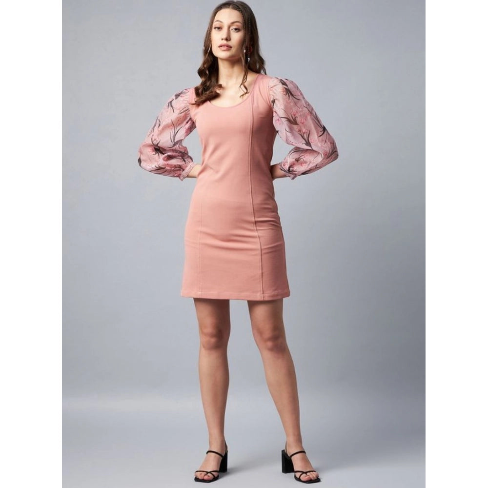 Amfyn Women's Polyester Lycra And Organza Floral Balloon Sleeve Dress (Pink)