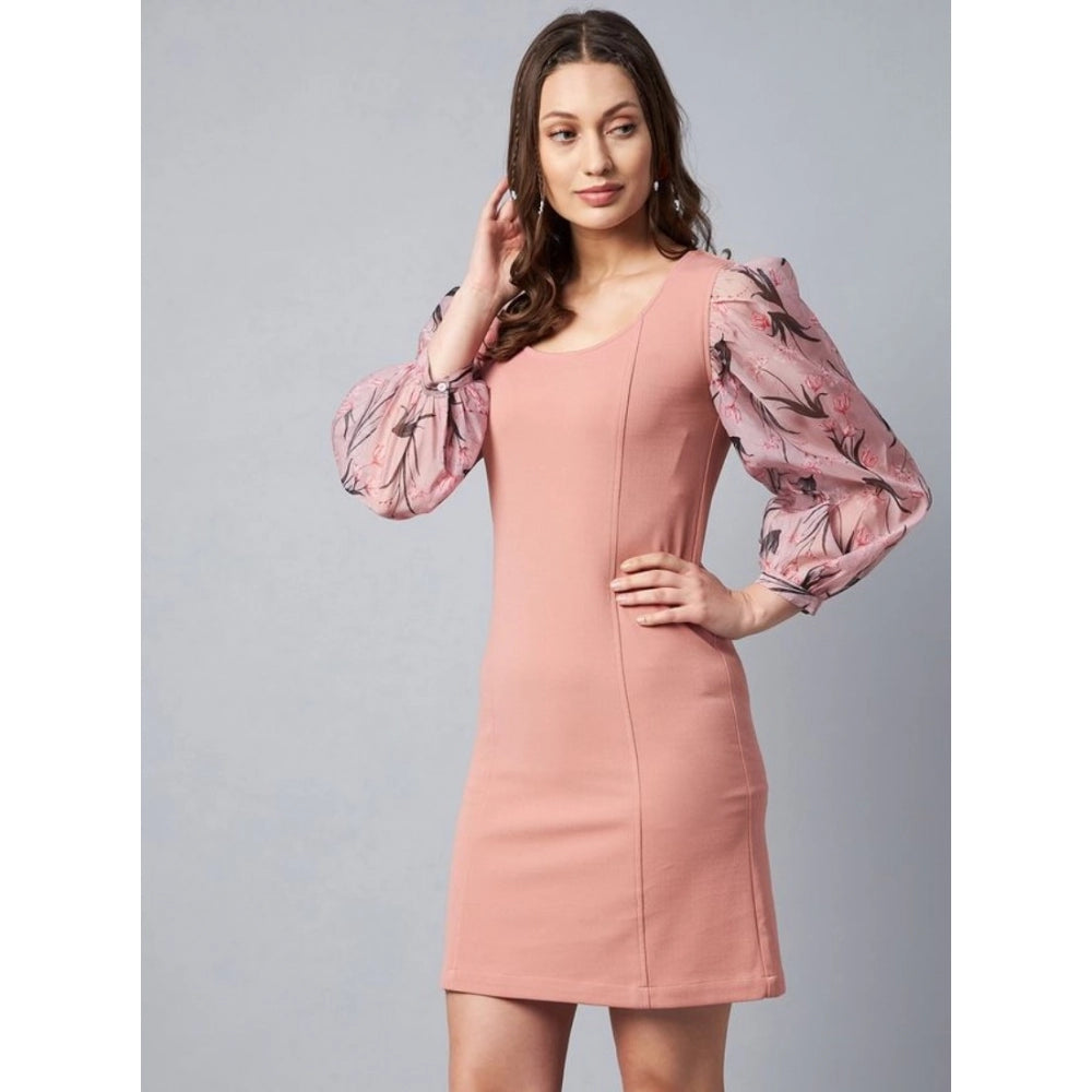 Amfyn Women's Polyester Lycra And Organza Floral Balloon Sleeve Dress (Pink)