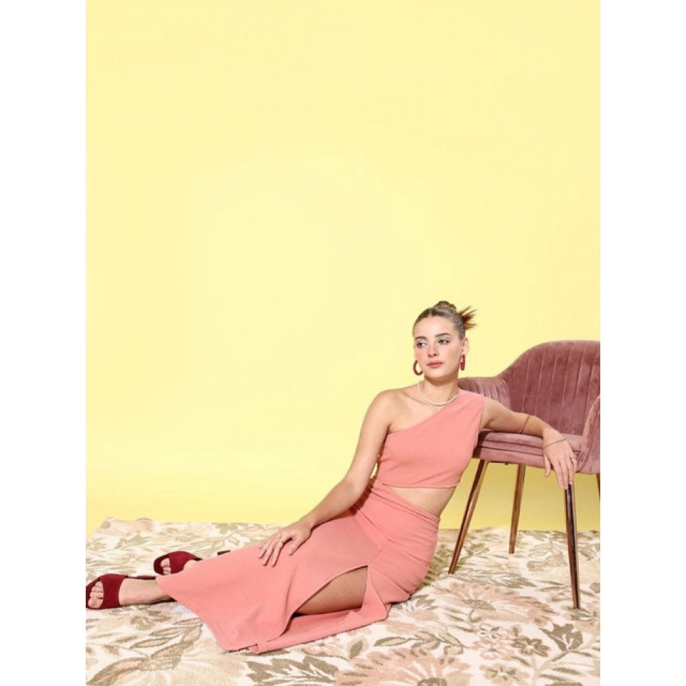 Amfyn Women's Polyester Lycra Solid Sleeveless Dress (Pink)