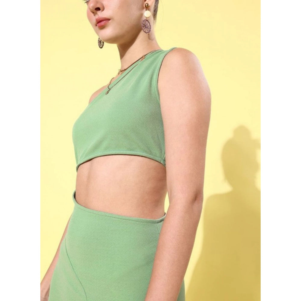 Amfyn Women's Polyester Lycra Solid Sleeveless Dress (Green)