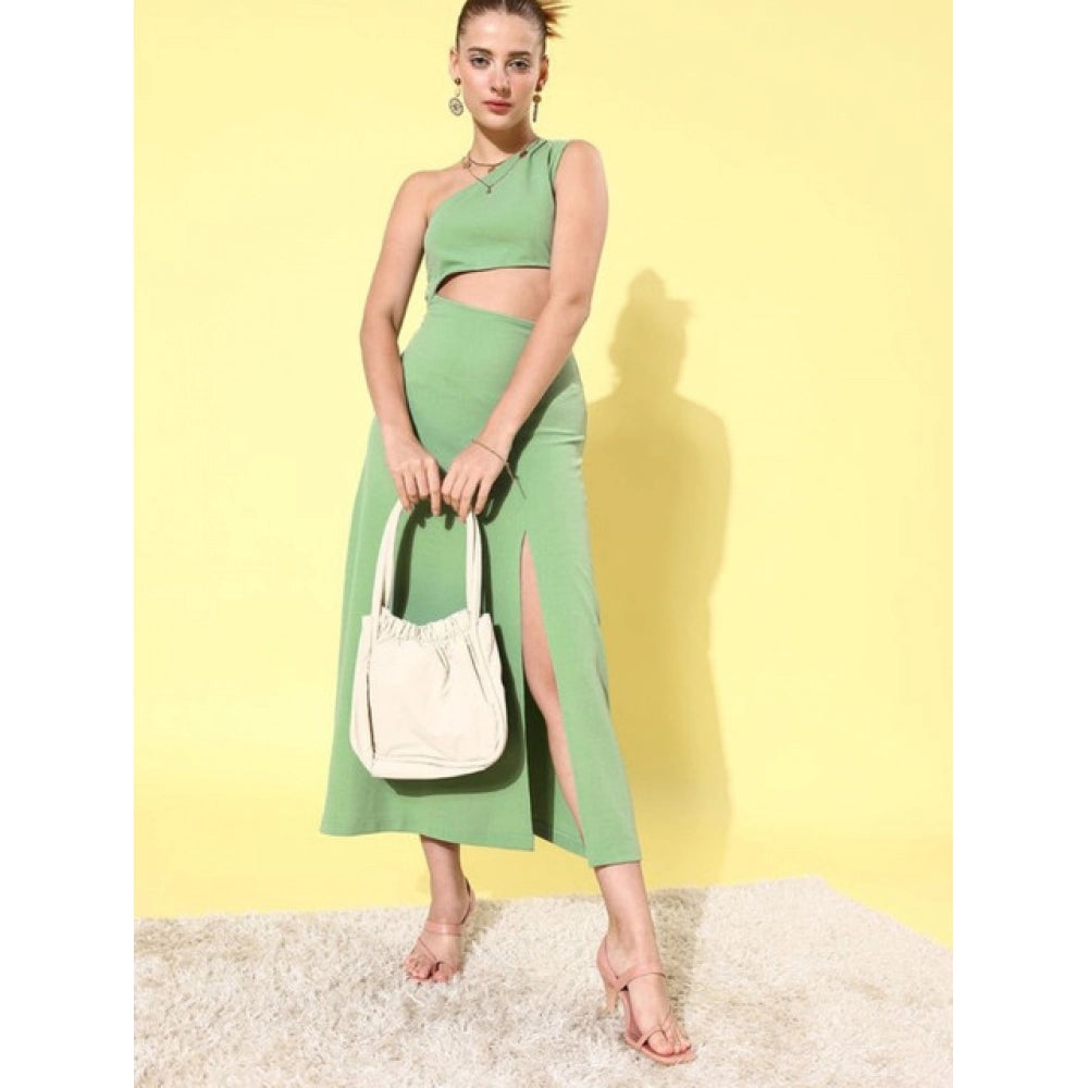 Amfyn Women's Polyester Lycra Solid Sleeveless Dress (Green)