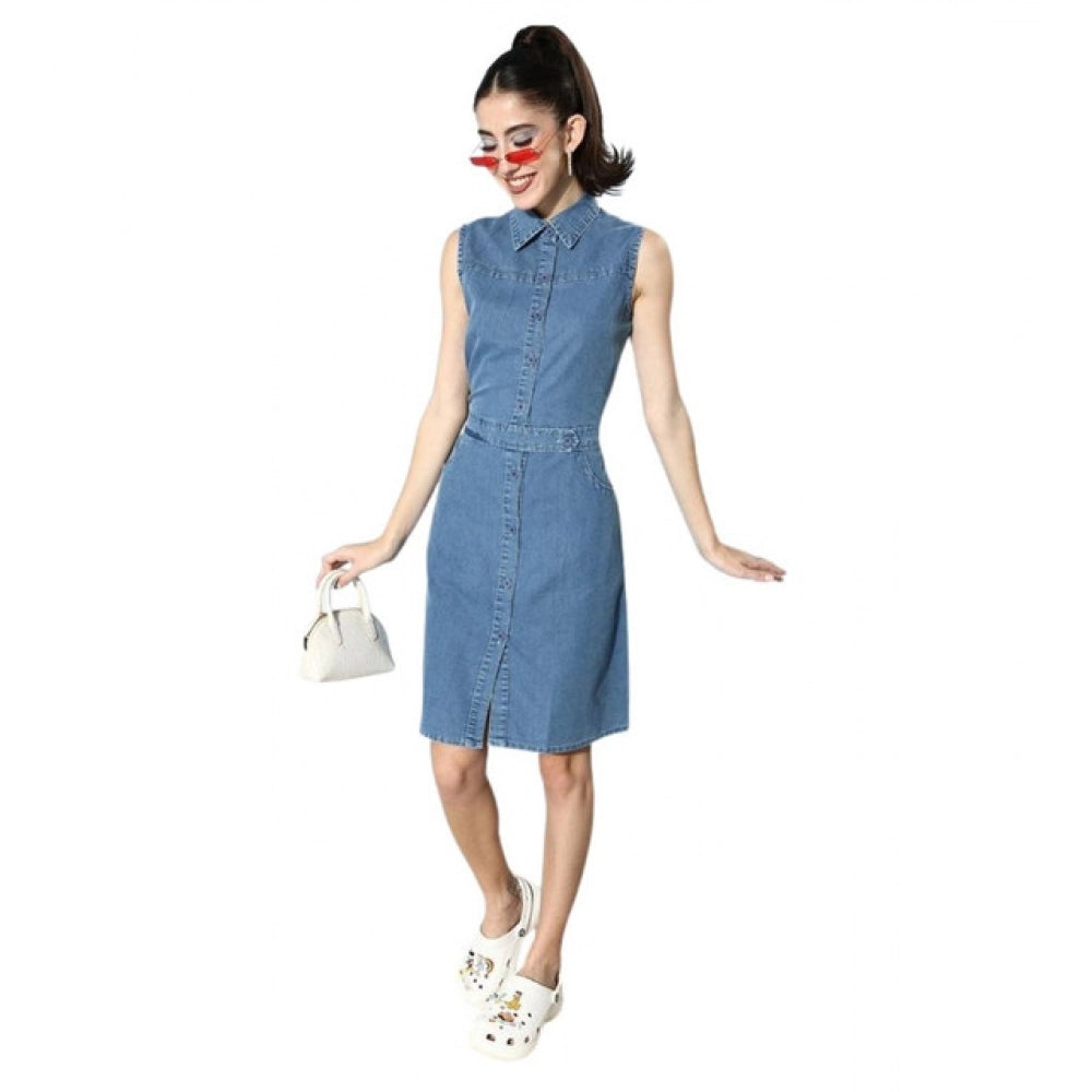 Amfyn Women's Denim Solid Sleeveless Dress (Blue)