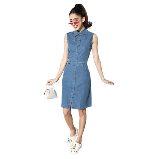 Amfyn Women's Denim Solid Sleeveless Dress (Blue)