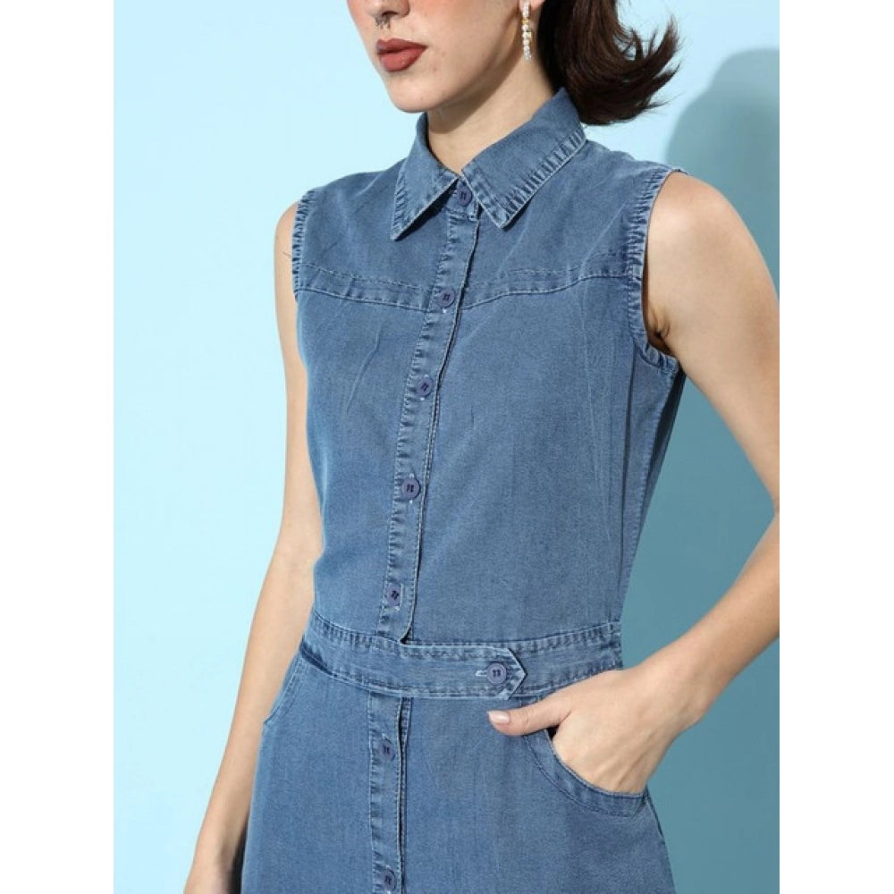 Amfyn Women's Denim Solid Sleeveless Dress (Blue)