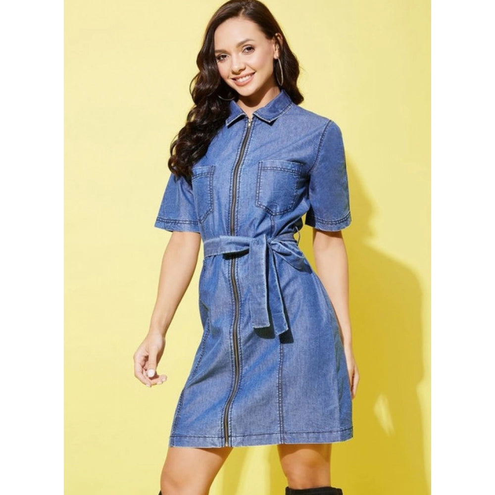 Amfyn Women's Denim Solid Half Sleeve Dress (Blue)