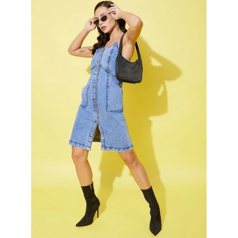Amfyn Women's Denim Solid Sleeveless Dress (Blue)