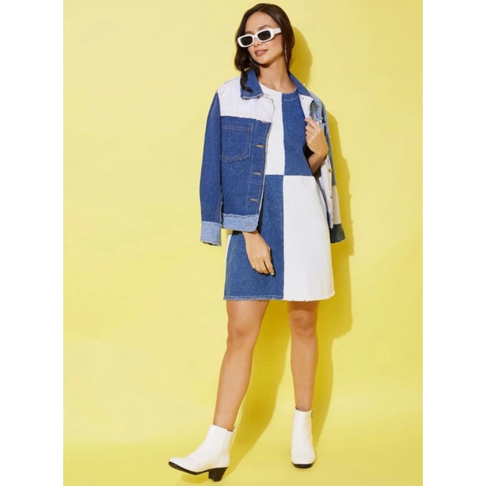 Amfyn Women's Denim Color Blocking Sleeveless Dress (Blue)