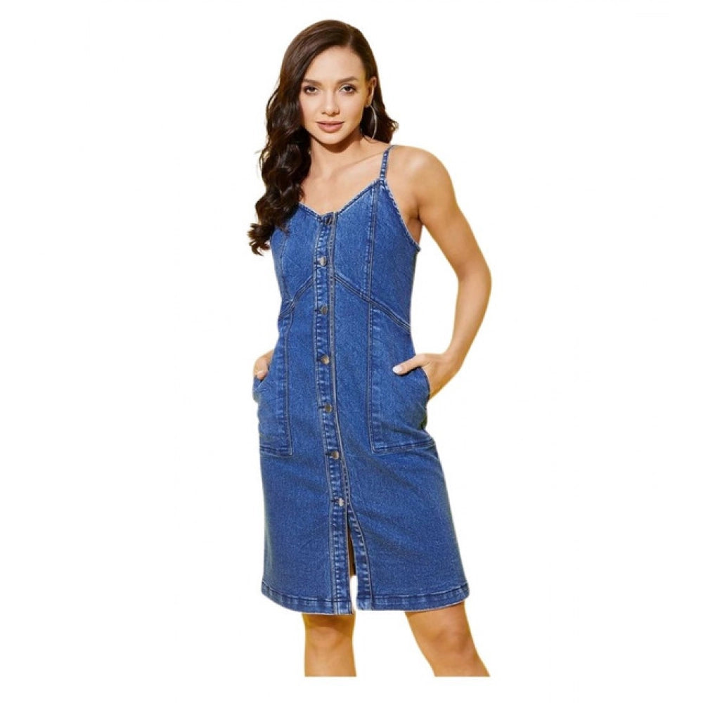 Amfyn Women's Denim Washed Shoulder Straps Dress (Blue)