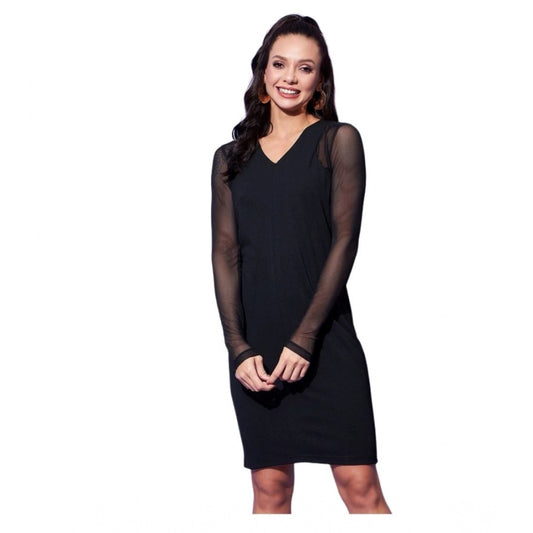 Amfyn Women's Polyester And Net Solid Long Sleeves Dress (Black)